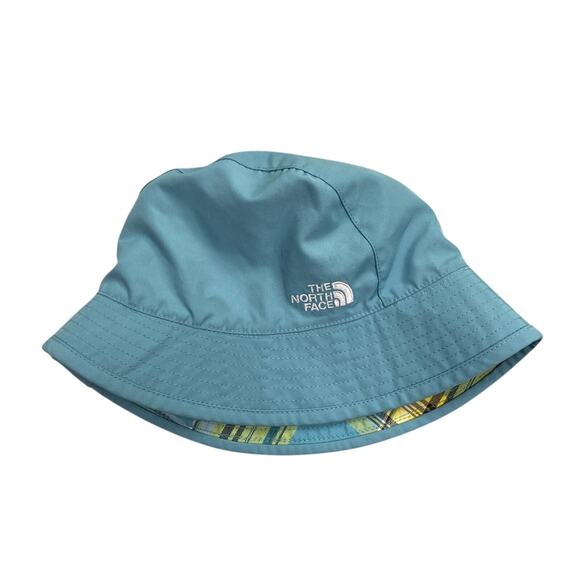 The North Face Reversible Bucket Hat Girls One Size Blue Yellow Plaid UPF30 Sun - Picture 1 of 7